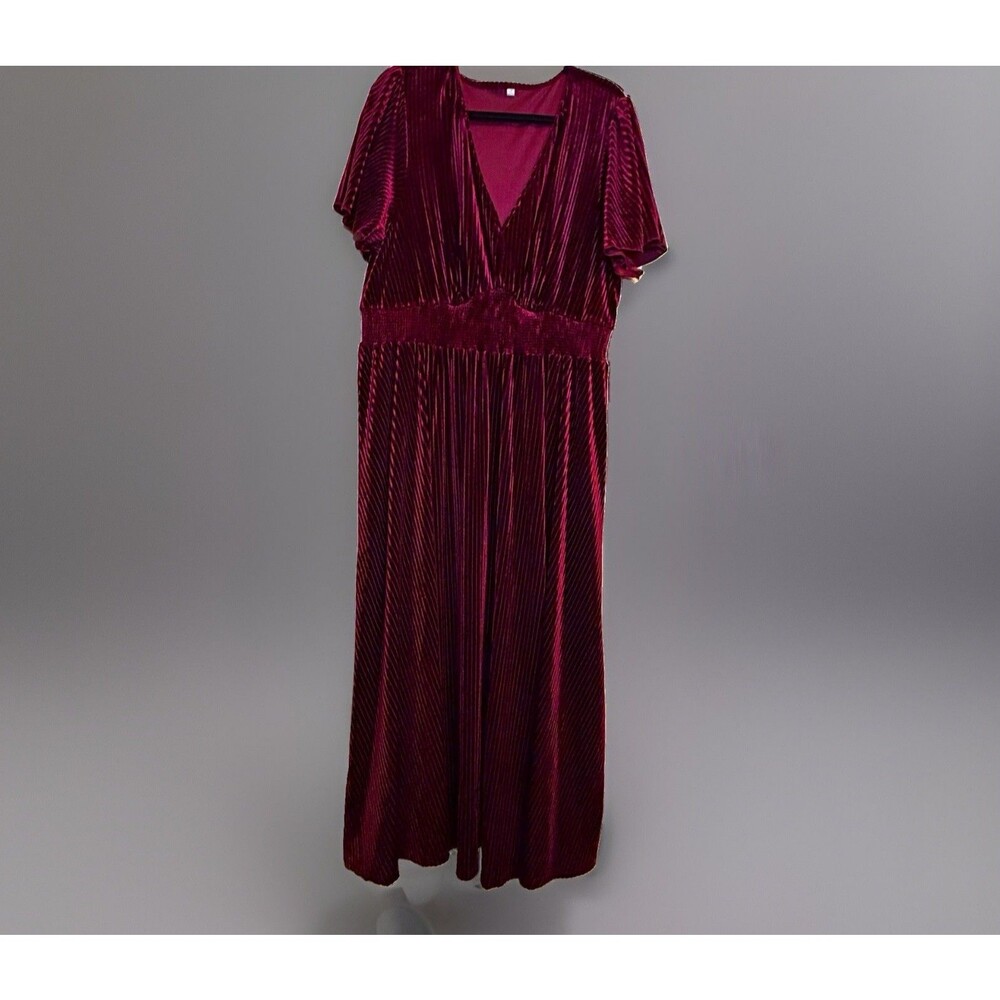 Burgundy Pleated Ribbed Velvet V-Neck Flutter Short Sleeve Maxi Dress Womens 3XL
